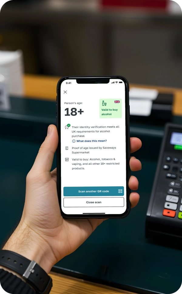 Result of age check shown on device used to scan QR code