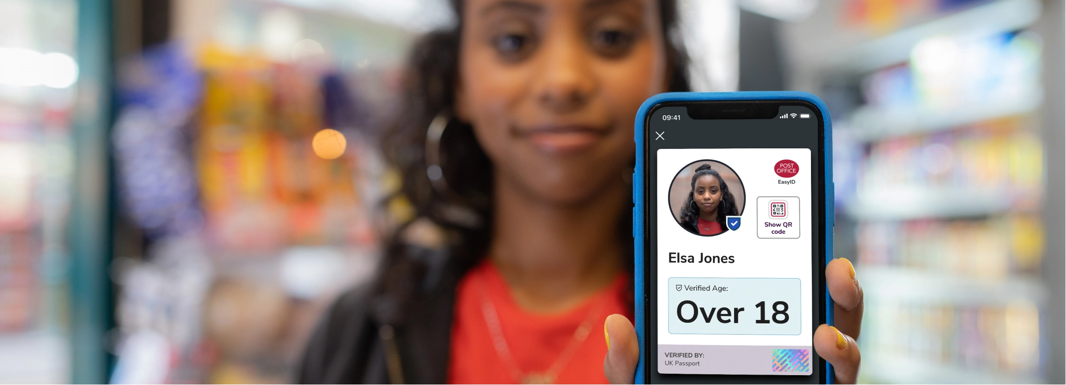 A woman called Elsa Jones showing her name and status as an over 18 on her Post Office Easy ID App